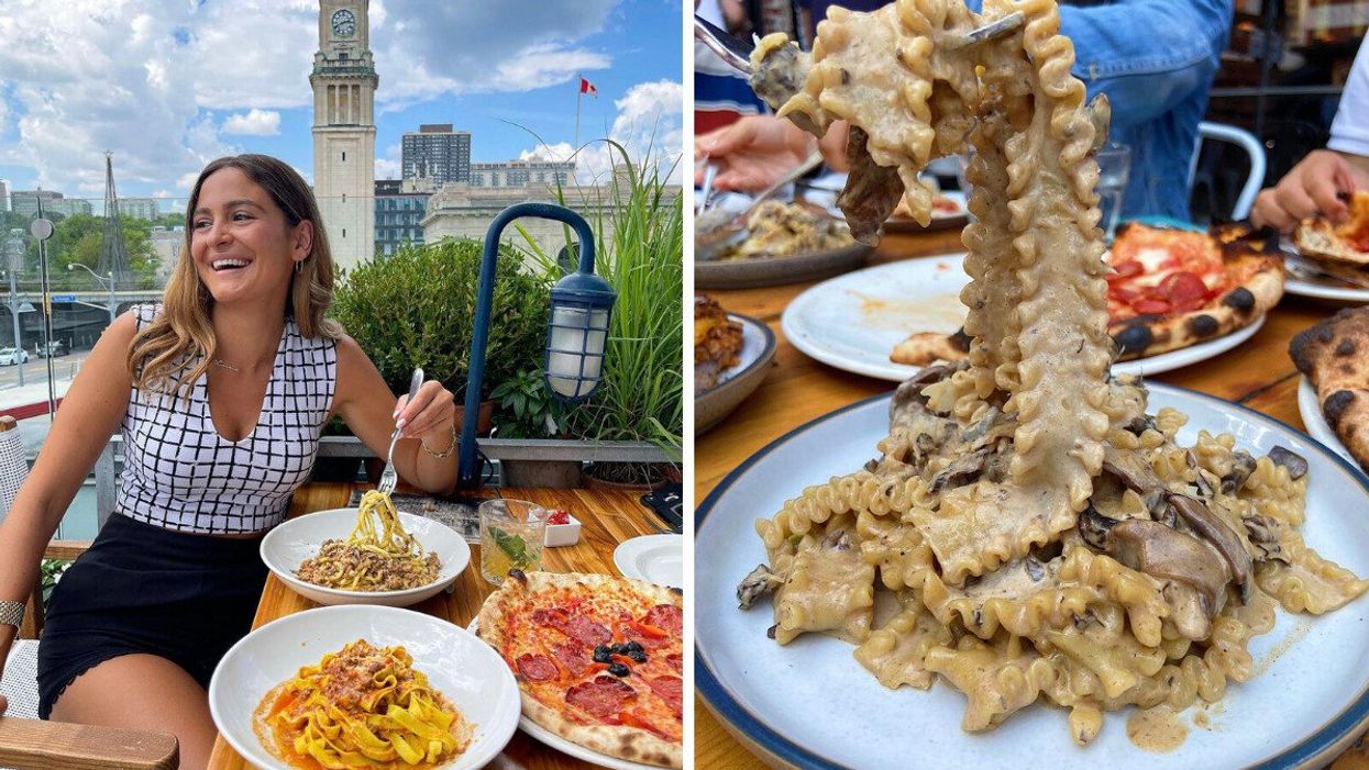 Woman sitting at a table eating pasta. Right: Pasta with mushroom sauce.