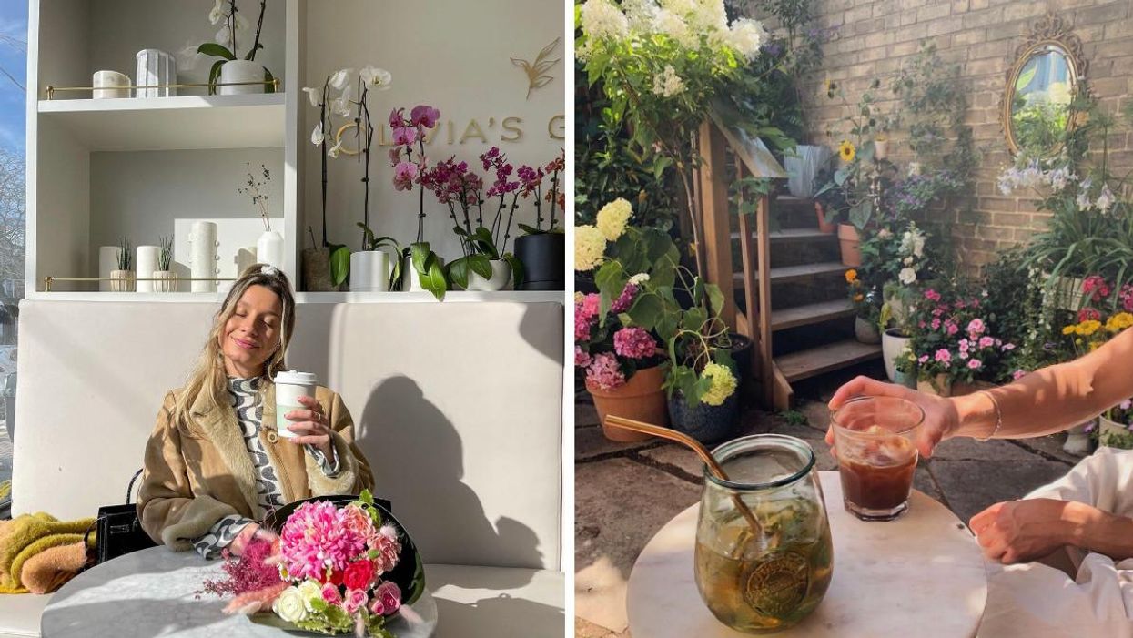 Woman sitting at a table with flowers holding a coffee. Right: Two drinks on a table in a garden.