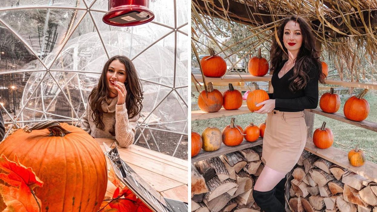 Woman sitting at a table with pumpkins. Right: Woman in a skirt holding a pumpkin.