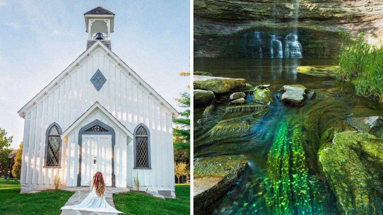 Woman sitting by a church. Right: Waterfall.