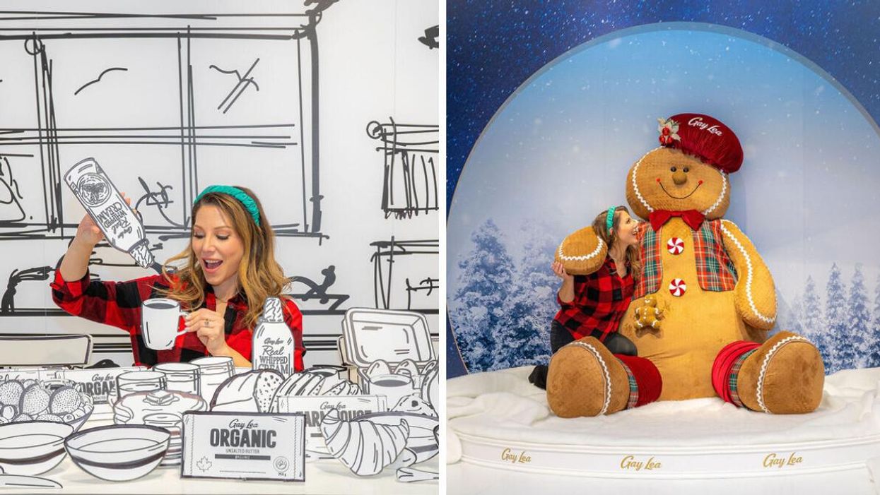 Woman sitting in a 2D kitchen. Right: Woman sitting beside a giant gingerbread man.