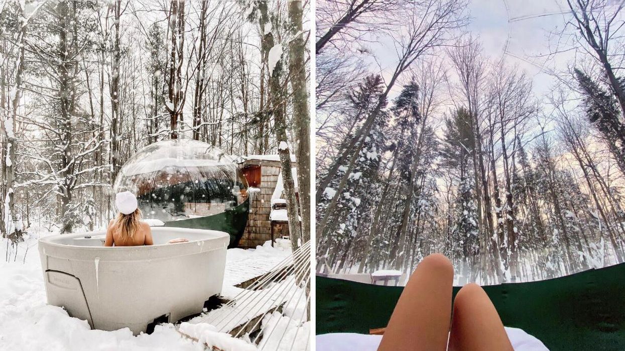 Woman sitting in a jacuzzi during the winter. Right: View of snowing forest from Airbnb.