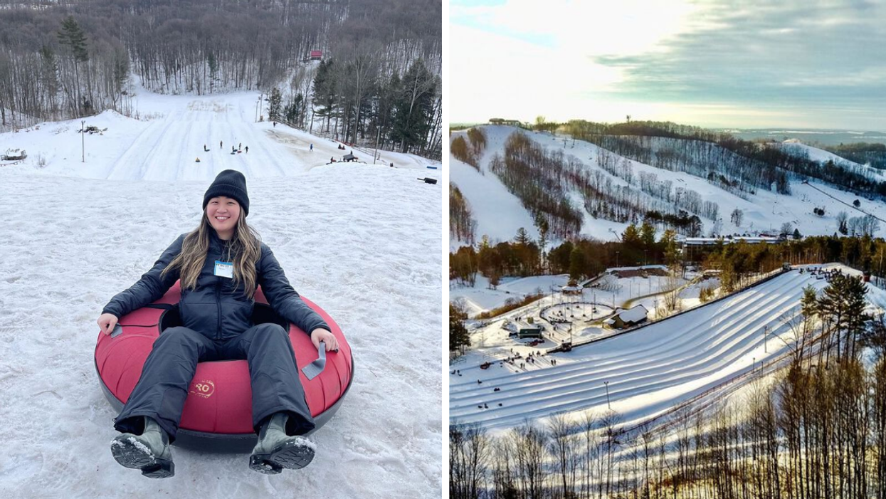 Woman sitting in a tube at the top of a snowy hill. Right: Giant snow tubing hill next to a ski resort.