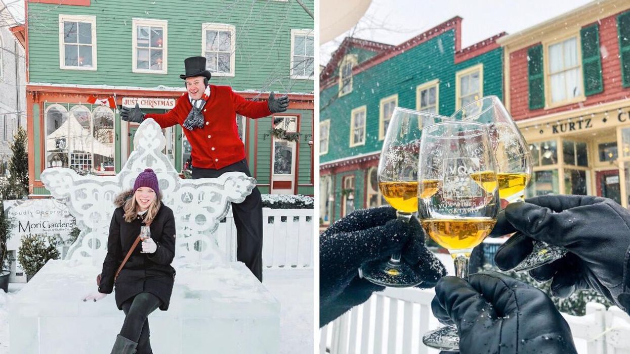 Woman sitting on a bench made of ice. Right: Three cups with icewine.