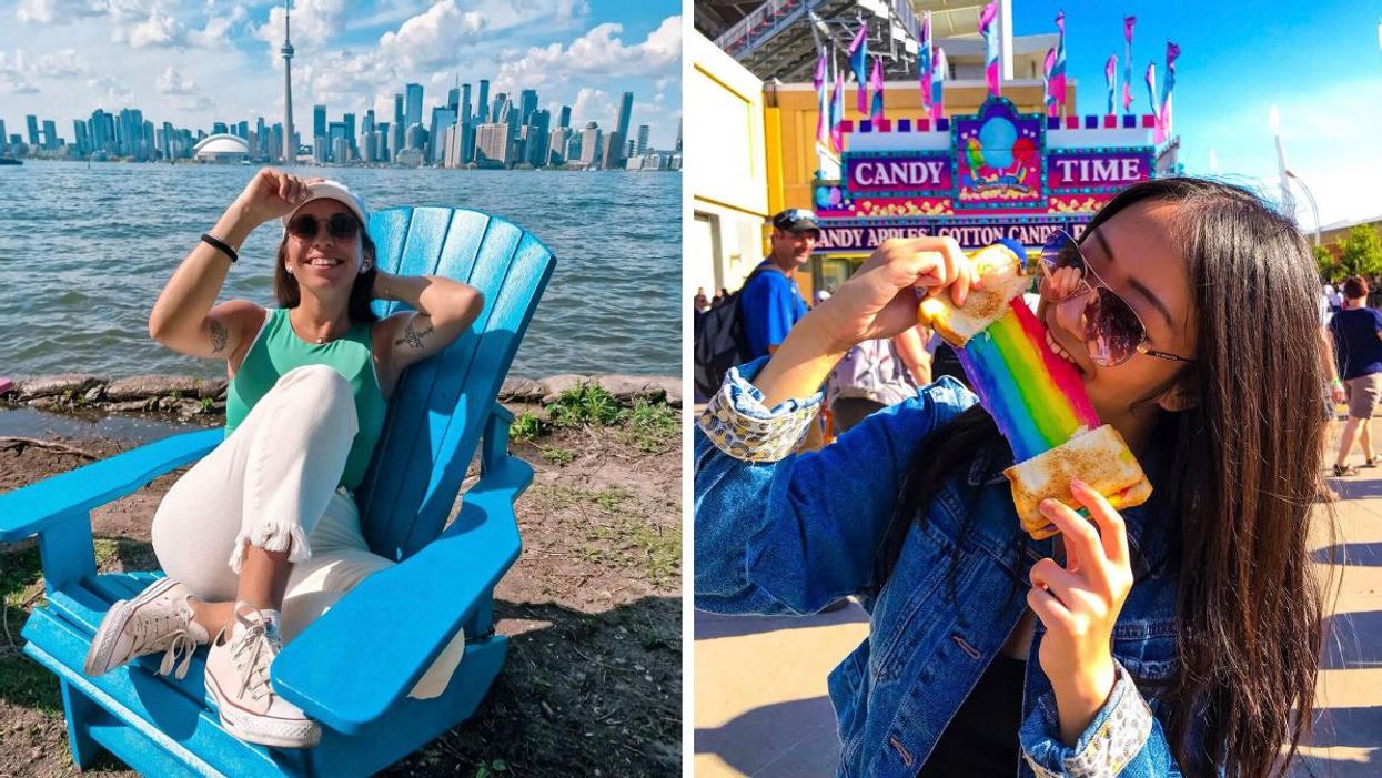 Woman sitting on a blue chair by the water. Right: Woman eating a rainbow sandwich.