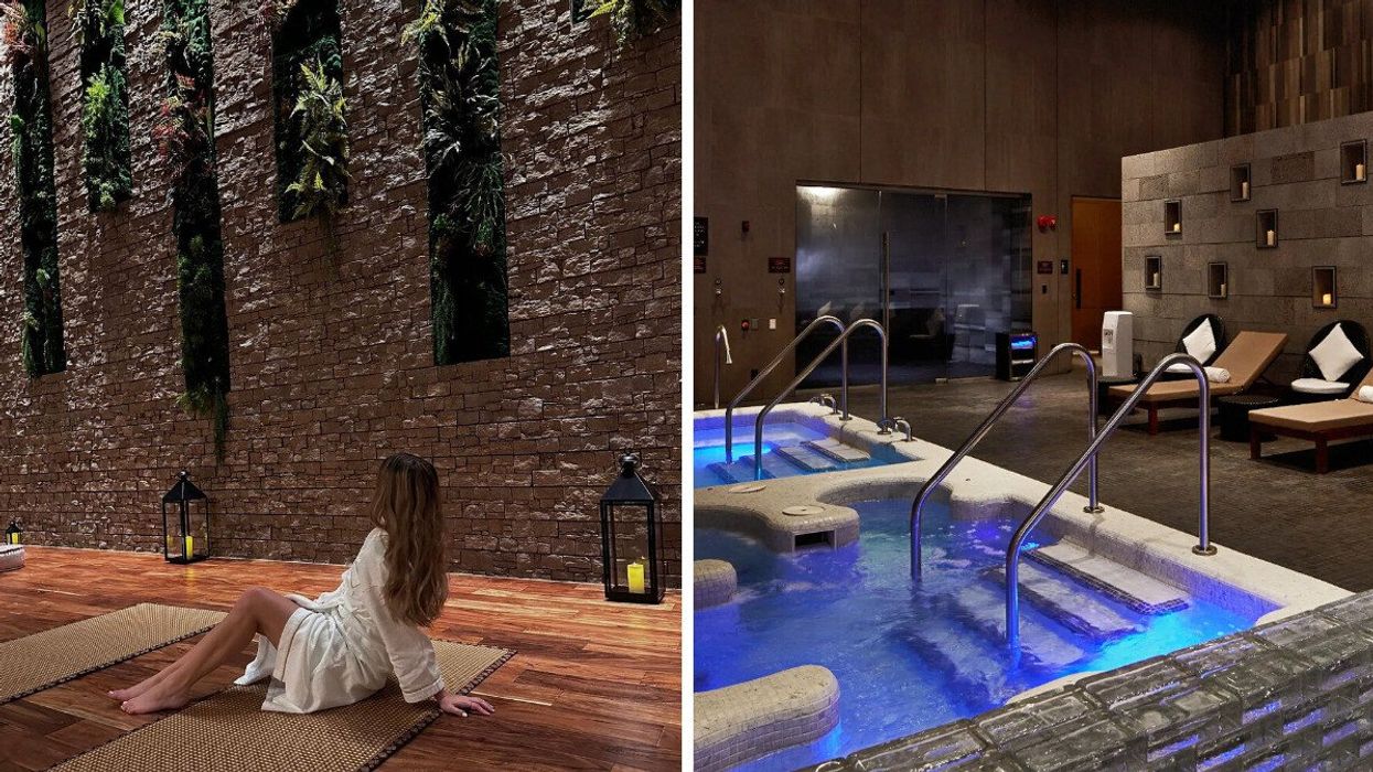 Woman sitting on a mat. Right: Jacuzzis and lounge chairs.