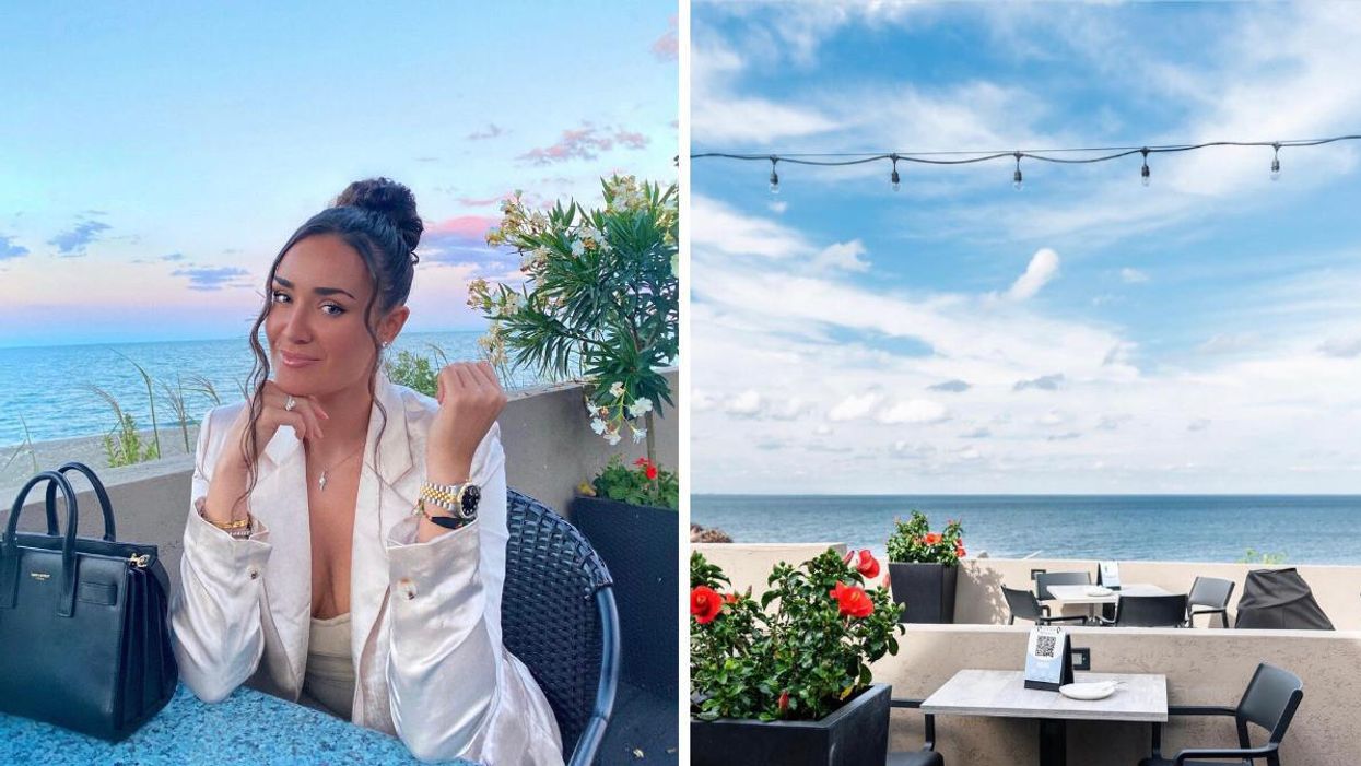 Woman sitting on a patio by the water. Right: Patio with tables and water in the background.