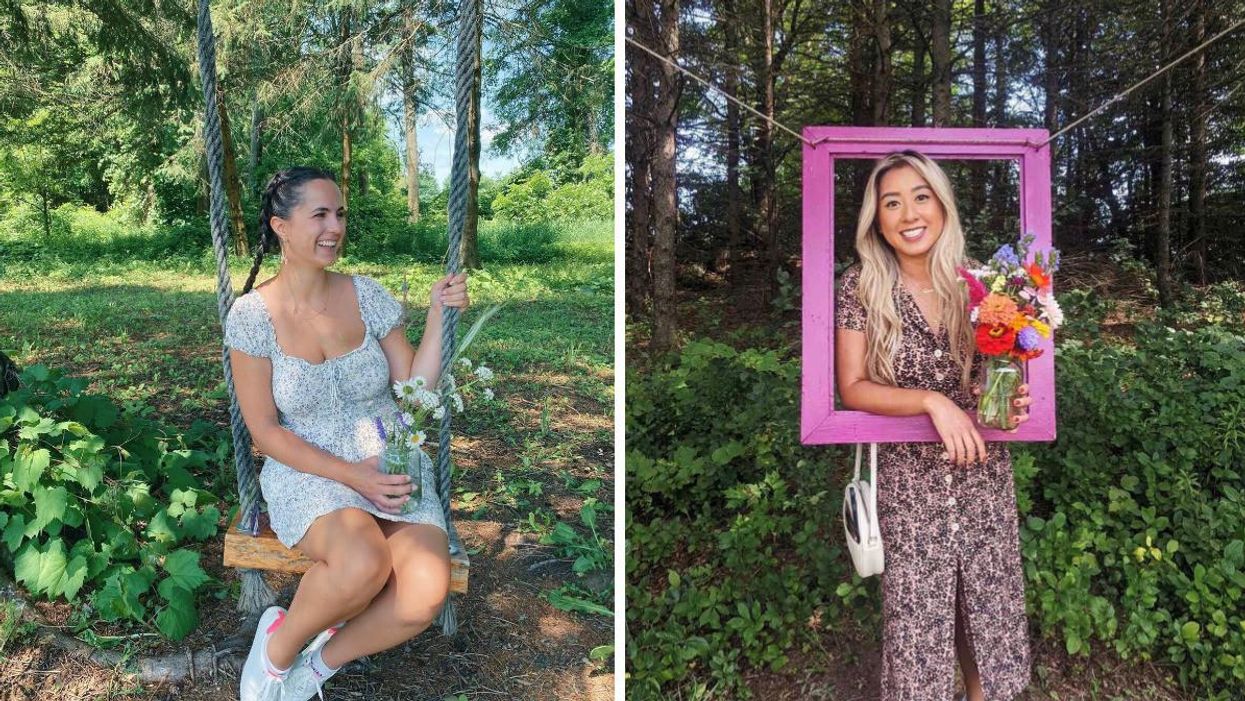 Woman sitting on a swing holding flowers. Right: Woman standing in a pink frame holding flowers.
