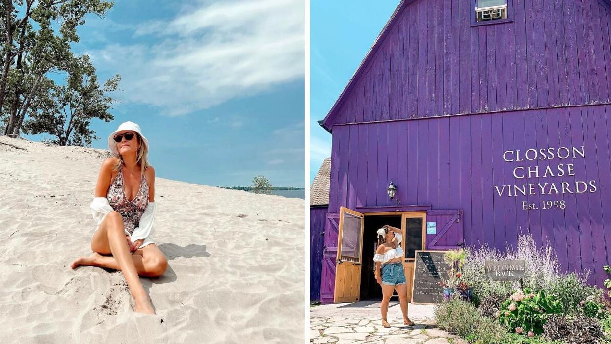 Woman sitting on a white sand dune. Right: Woman standing in front of a purple barn.