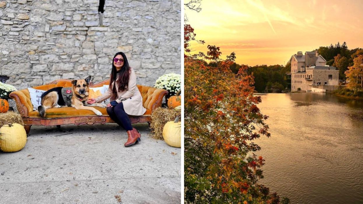 Woman sitting on an orange couch with a dog. Right: Elora Mill on the river.