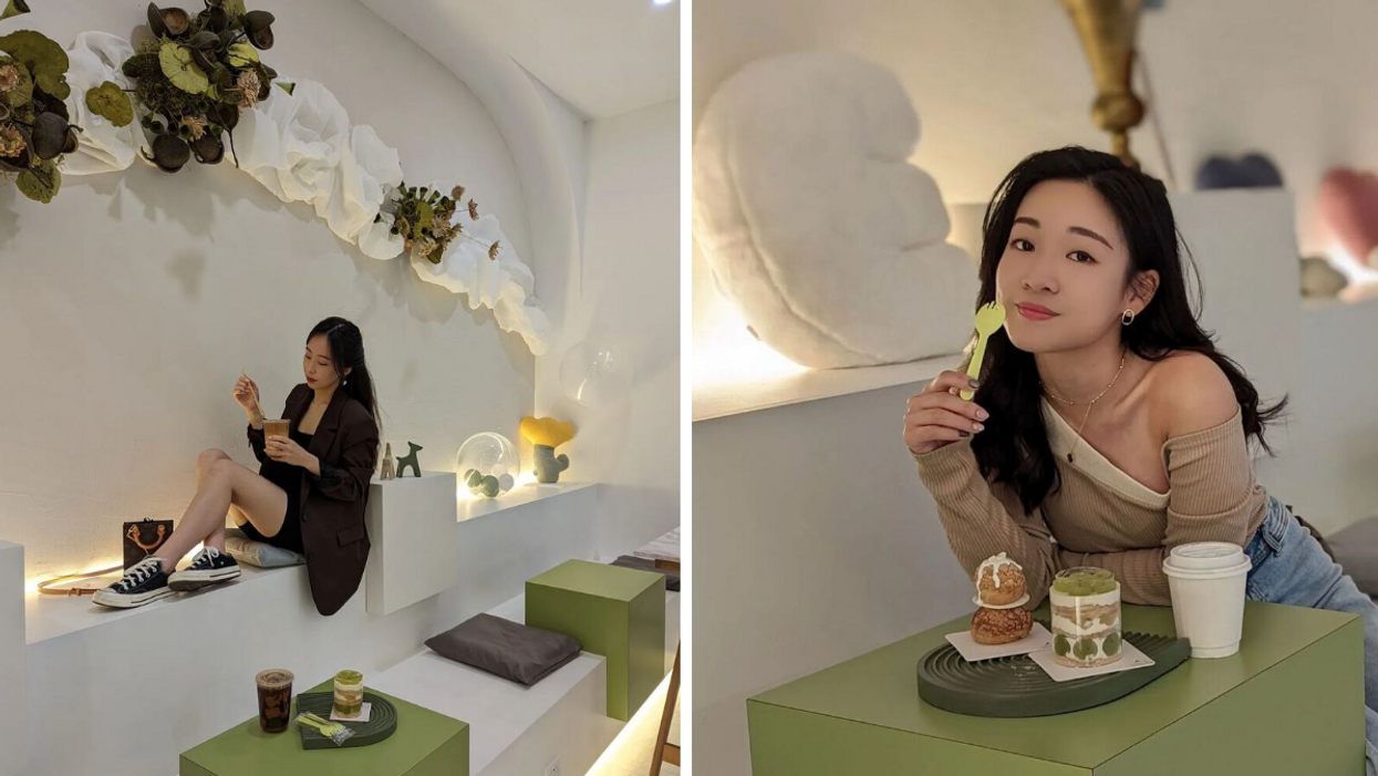 Woman sitting on modern cube bench in a café. Right: Woman eating Asian desserts.