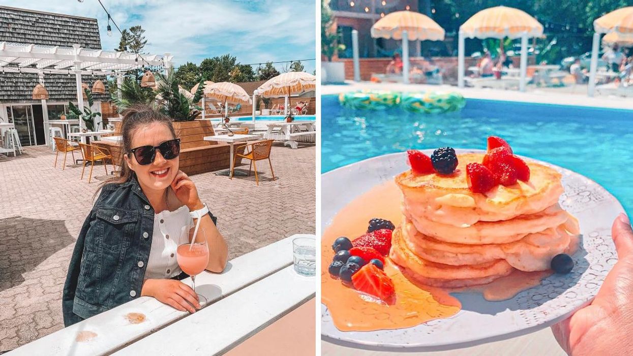 Woman sitting on the patio at Heydays. Right: Plate with pancakes by a pool.