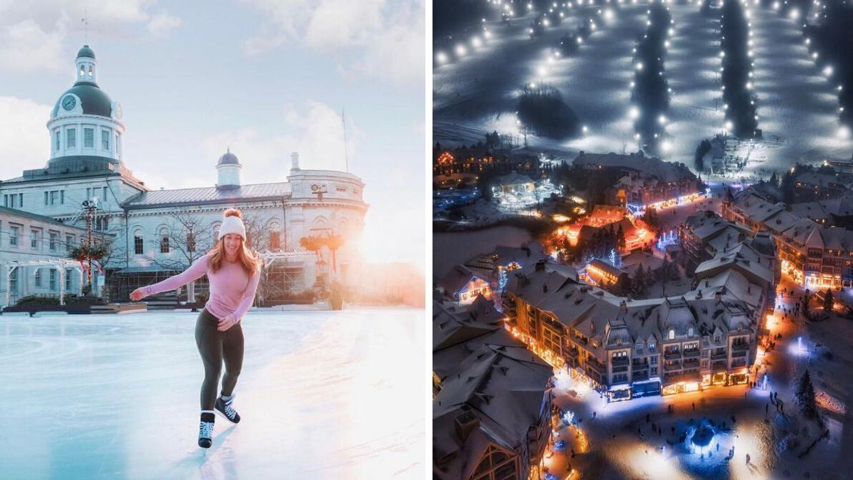 Woman skating outside a historic building. Right: Aerial view of a village and ski hills.