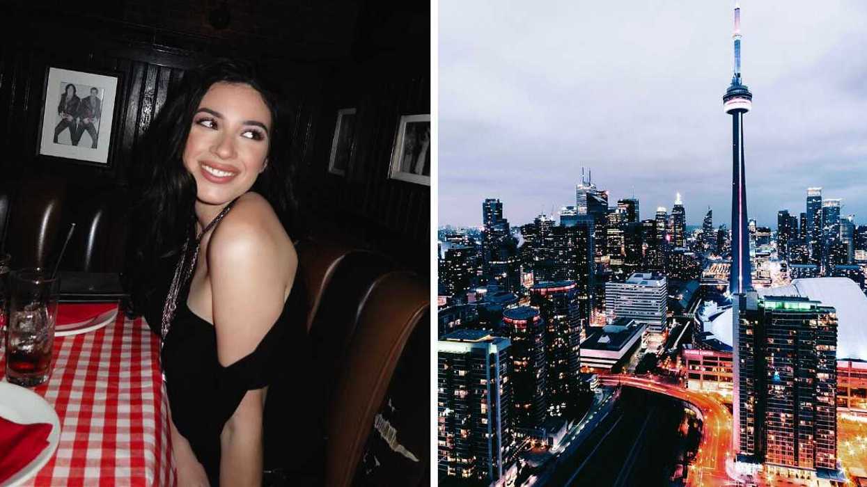 Woman smiling at dinner. Right: Toronto beside a skyline view of downtown Toronto with the CN Tower at night.