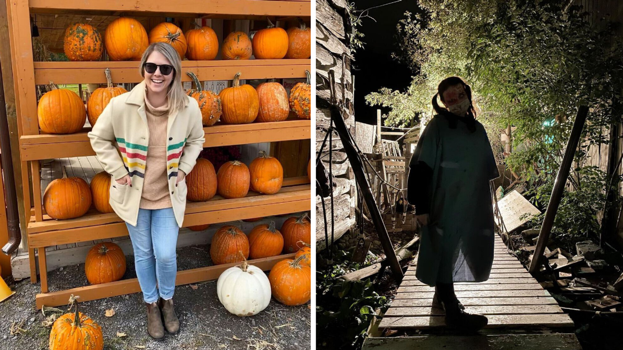 Woman smiling in front of a pumpkin wall. Right: Scare actor at a haunted farm.