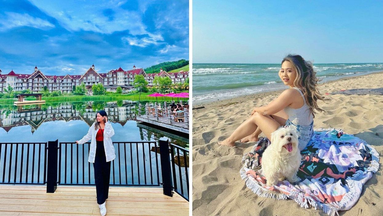 Woman standing at Blue Mountain Village. Right: Woman and a dog sitting on a beach.