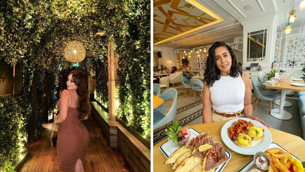 Woman standing beneath a canopy of leaves. Right: Woman sitting at a table with food.