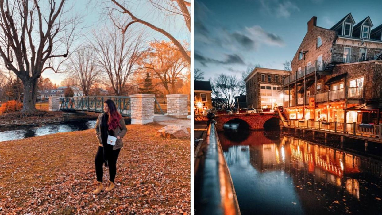 Woman standing by a bridge surrounded by leaves. Right: Canal in Perth, Ontario.