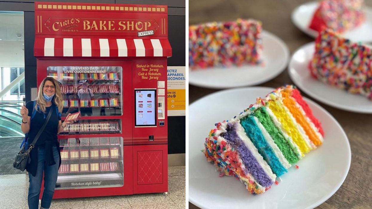Woman standing by a cake ATM. Right: Rainbow slices of cake.