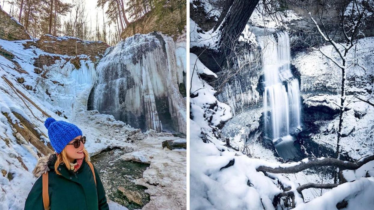 Woman standing by a frozen waterfall. Right: Waterfall surrounded by snow.