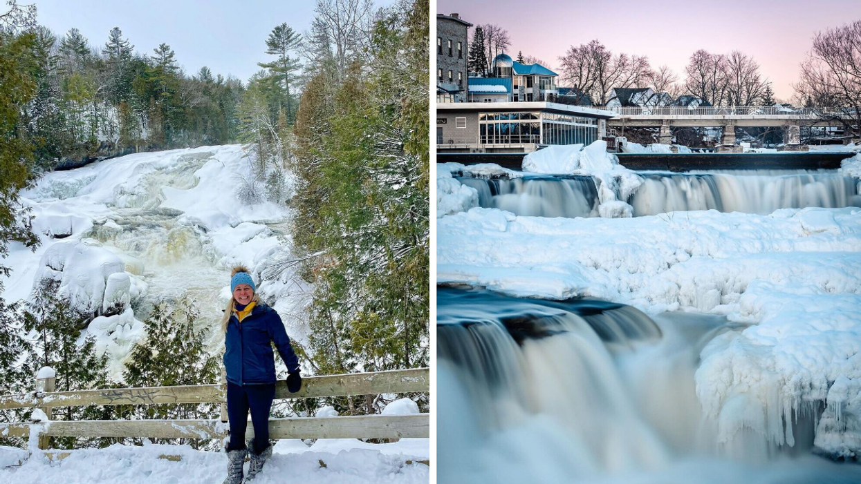 Woman standing by a giant winter waterfall. Right: Frozen waterfalls in Almonte, Ontario.