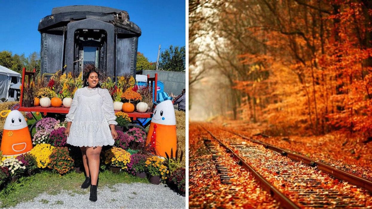Woman standing by a train with pumpkins. Right: A train track surrounded by fall leaves.