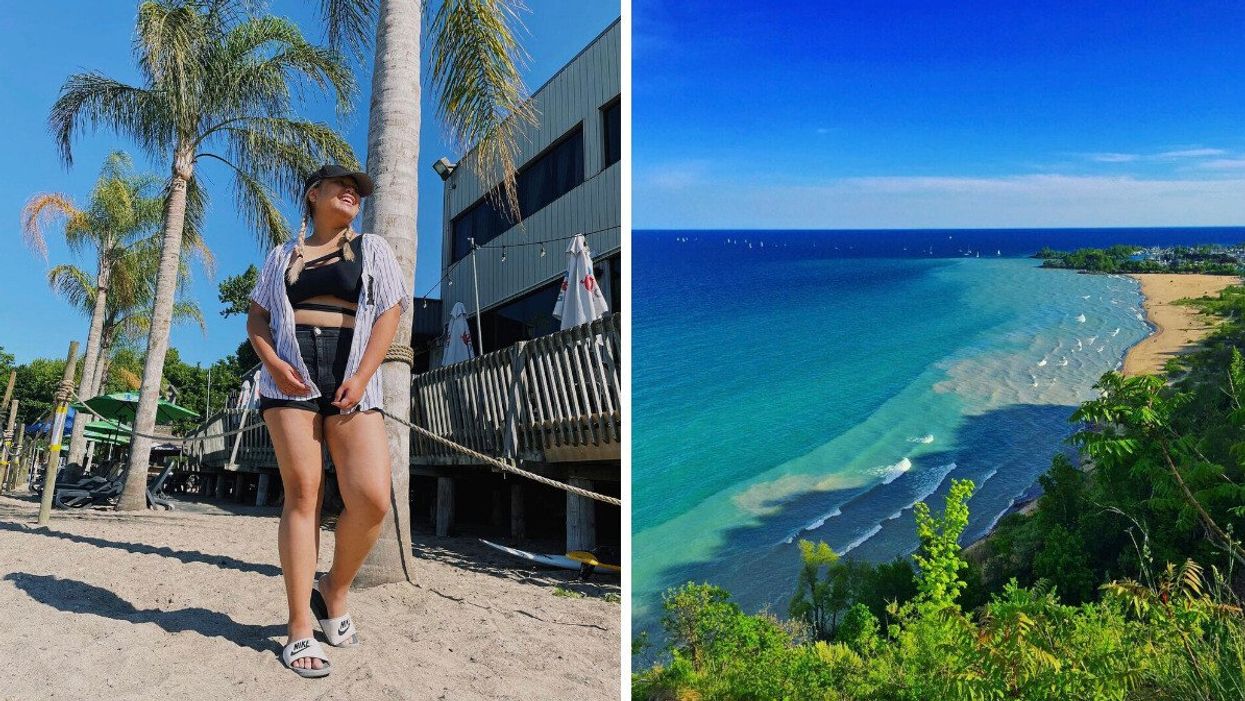 Woman standing by palm trees. Right: Sandy beach.