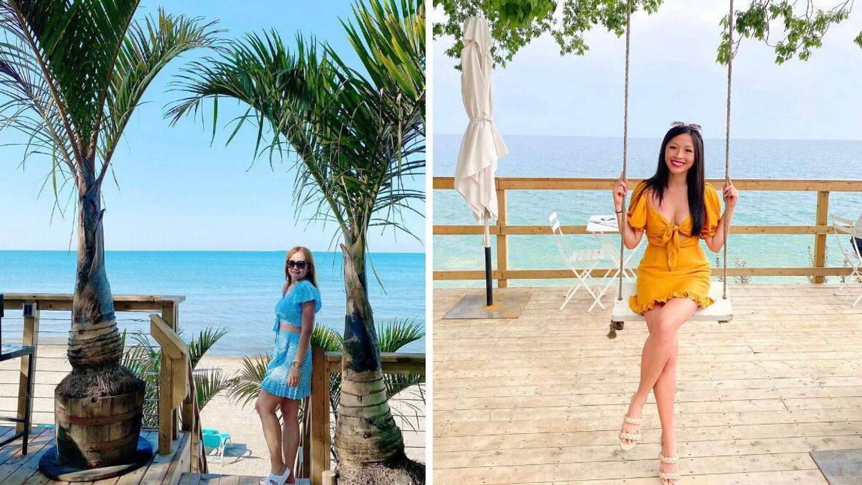 Woman standing by palm trees. Right: Woman sitting on a swing by the water.