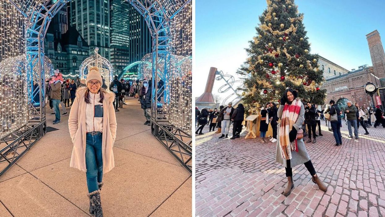 Woman standing in a light tunnel. Right: Woman standing by a Christmas tree.