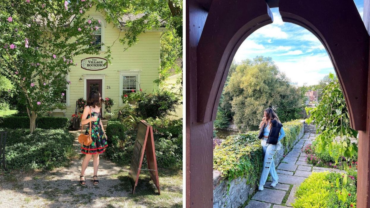 Woman standing in front of a store. Right: Woman in a garden.
