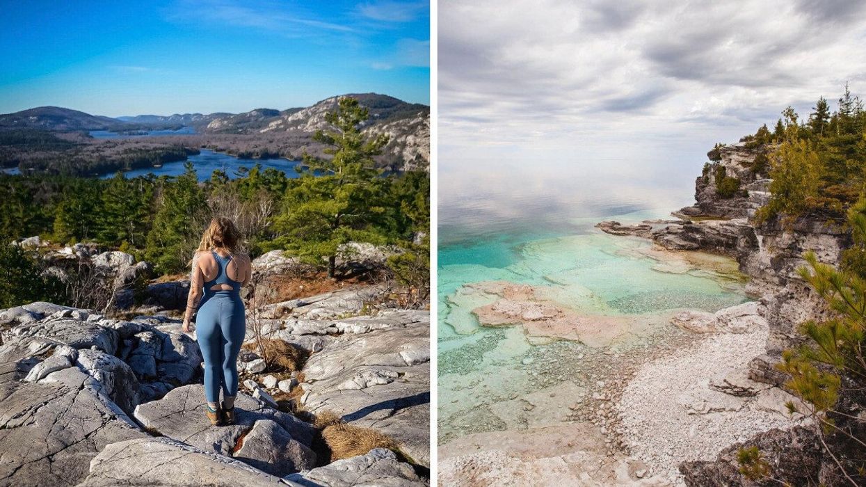 Woman standing in Killarney Provincial Park. Right: The Grotto.