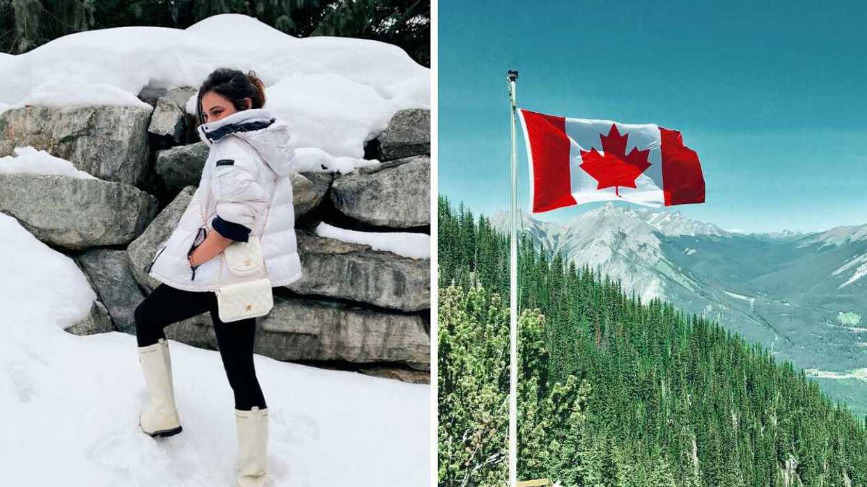 Woman standing in snow wearing black and white winter gear. Right: Canadian flag in mountain range.