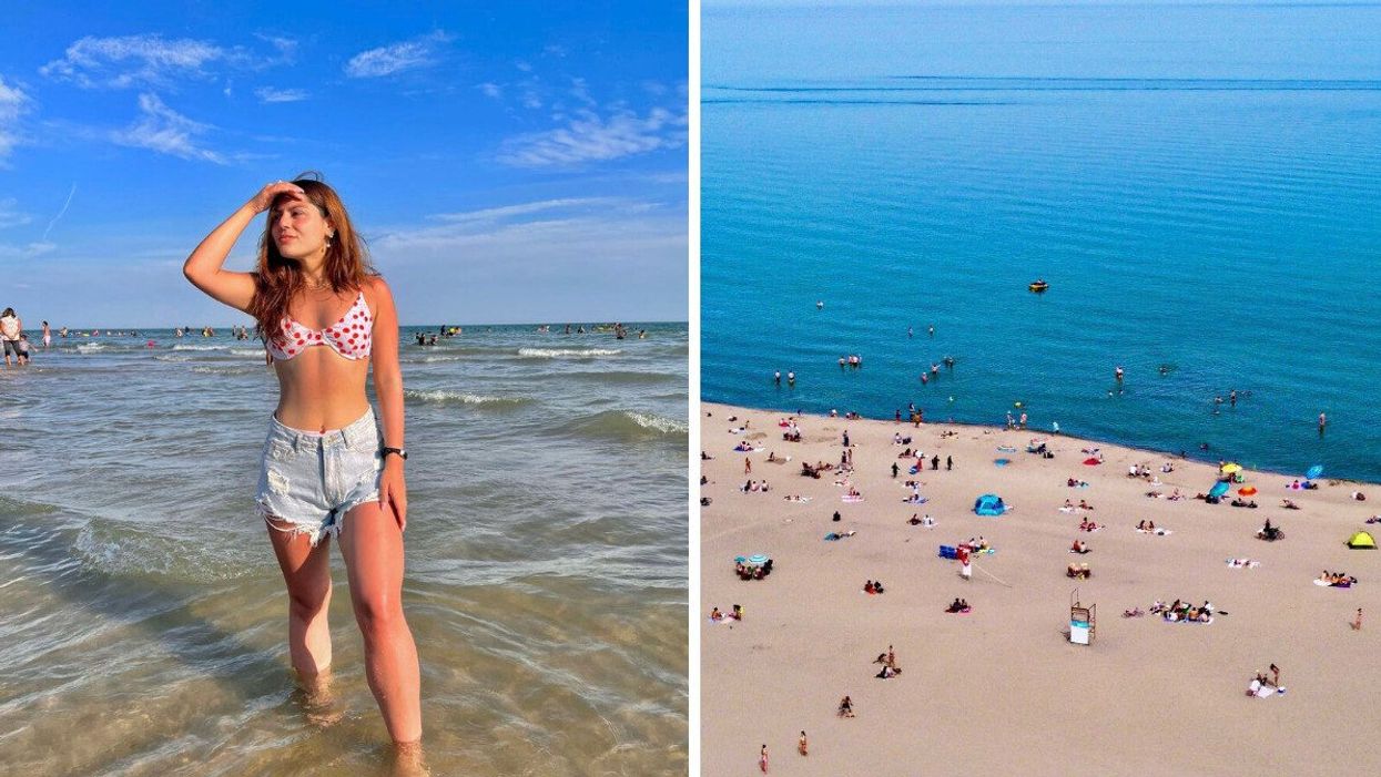 Woman standing in the water at beach. Right: Woodbine Beach in Toronto, Ontario.