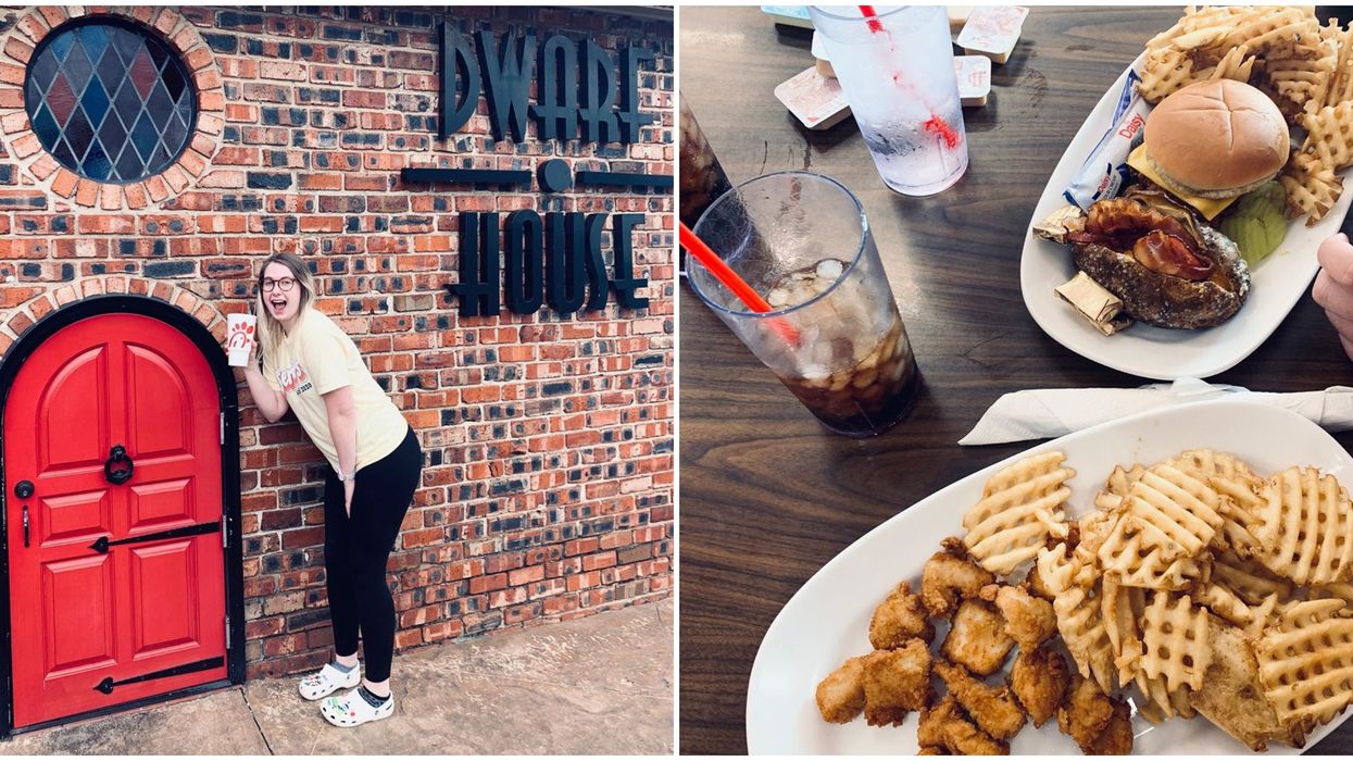 Woman standing next to the cute red door. Right: A Chick-fil-A meal.
