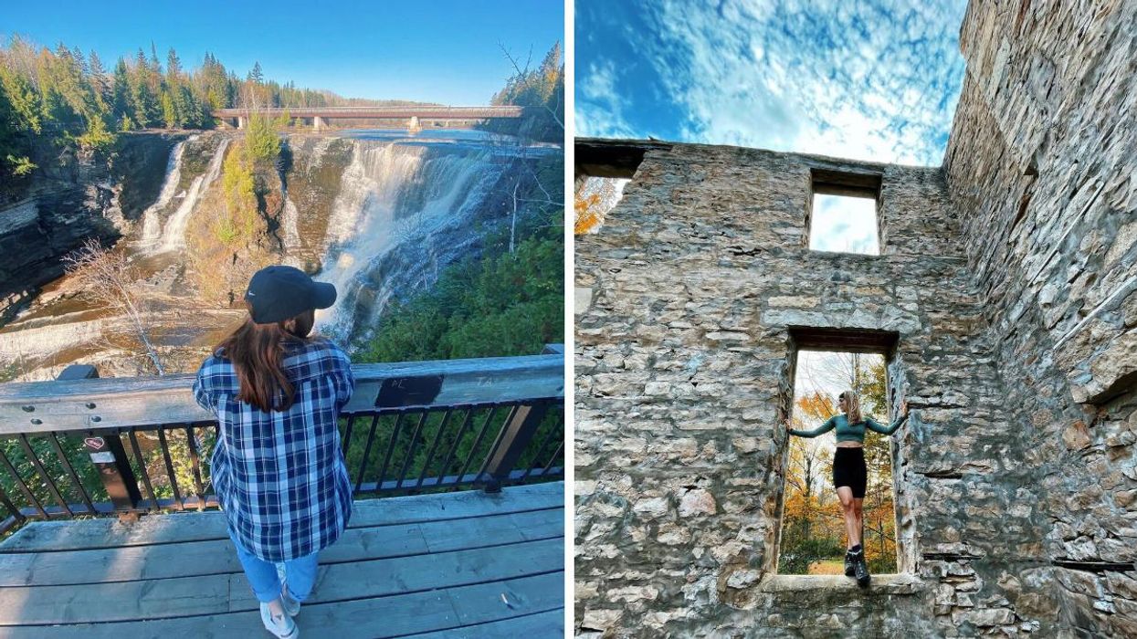 Woman standing on a platform by a waterfall. Right: Woman standing in the window of a historic ruin.