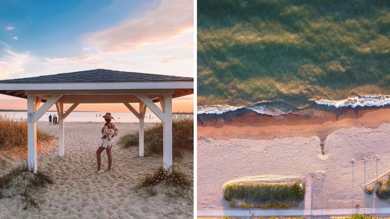 Woman standing on a sandy beach at sunset. Right: Aerial shot of a beach with blue water.