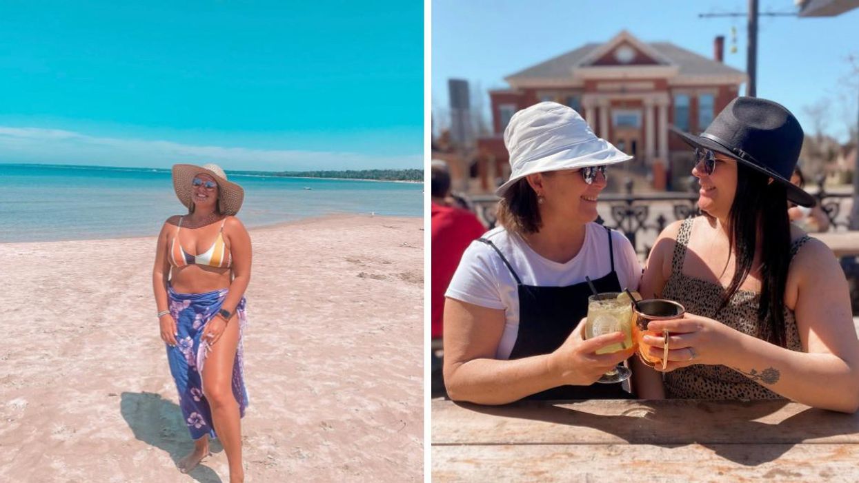 Woman standing on a sandy beach. Right: Two women sitting outside with drinks.