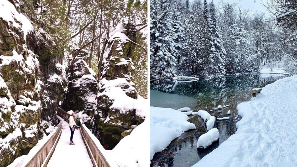 Woman standing on a snow-covered boardwalk. Right: Snow-covered trees along a river.