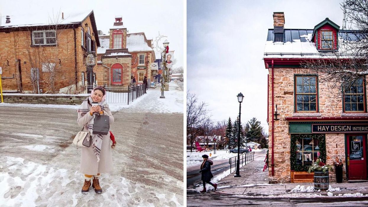 Woman standing on a snowy street. Right: Store covered in snow.
