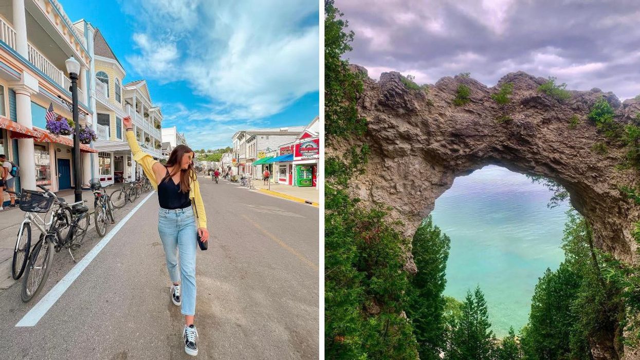 Woman standing on a street in Mackinac Island. Right: Arch Rock in Mackinac Island.