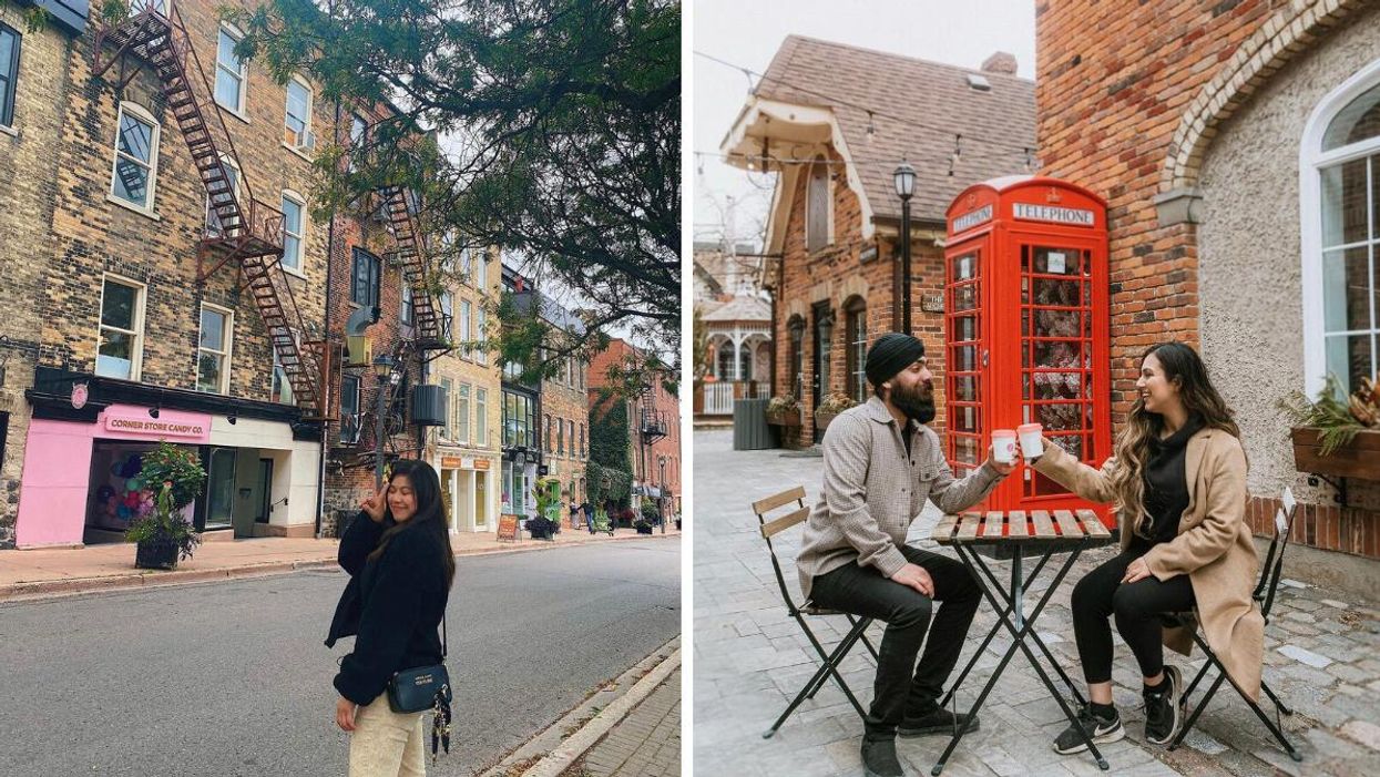 Woman standing on a street in Stratford, Ontario. Right: A man and women drinking coffee by a red telephone booth.