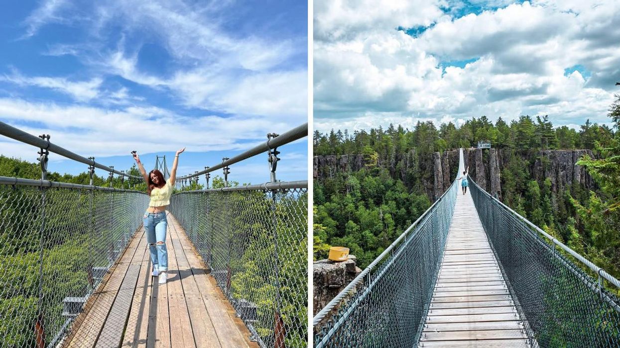 Woman standing on a suspension bridge: Right: Woman walking across a canyon suspension bridge.