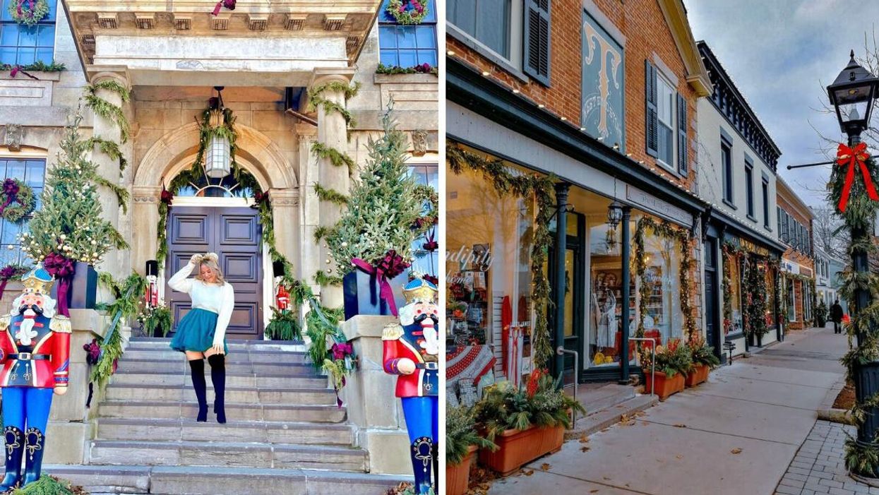 Woman standing on steps of a building. Right: Decorated street in Niagara-on-the-Lake.