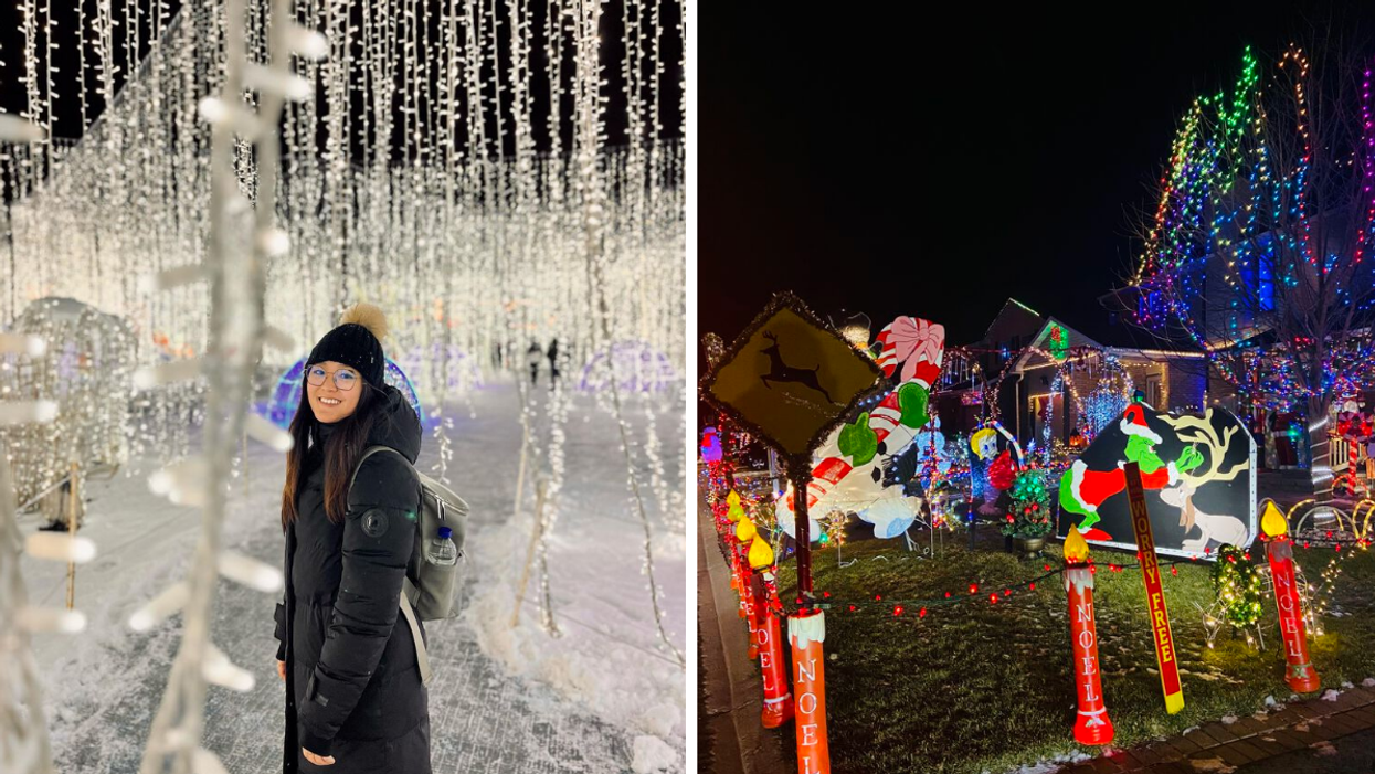 Woman standing under hanging twinkly lights. Right: Sparkling Christmas displays on Taffy Lane.