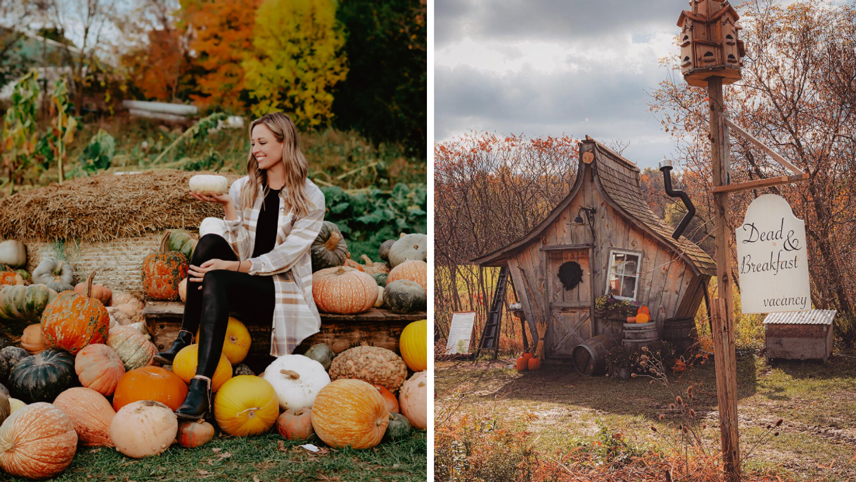 Woman surrounded by pumpkins. Right: Whimsical Halloween cabin.