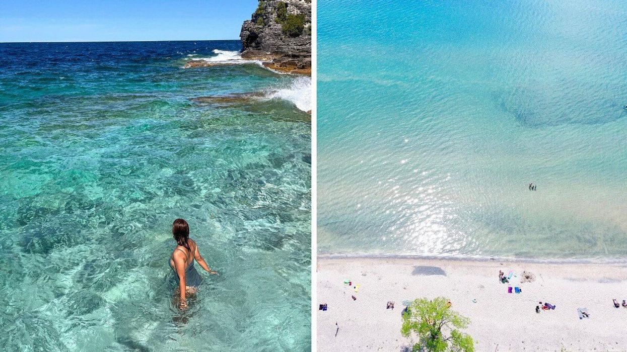 Woman swimming. Right: Sandy beach and blue water.