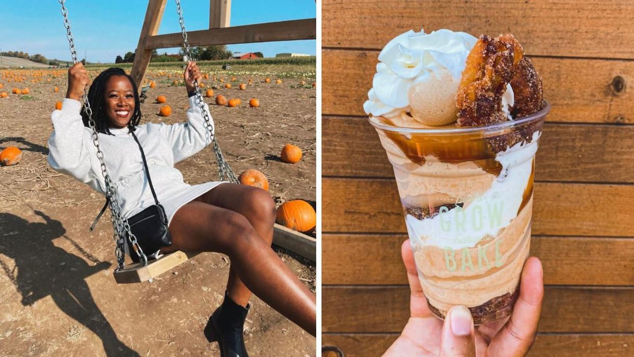 Woman swinging at a pumpkin patch. Right: Sundae from Pingle's Farm Market.