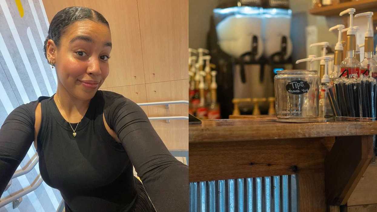 Woman taking a casual selfie indoors. Right: Café tip jar on a counter with coffee syrups and equipment behind it.