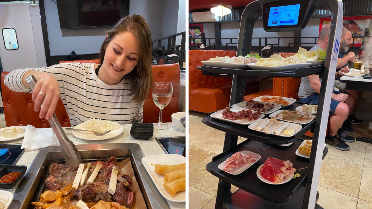 Woman using a Korean BBQ at dinner. Right: A robot is serving food to the table.