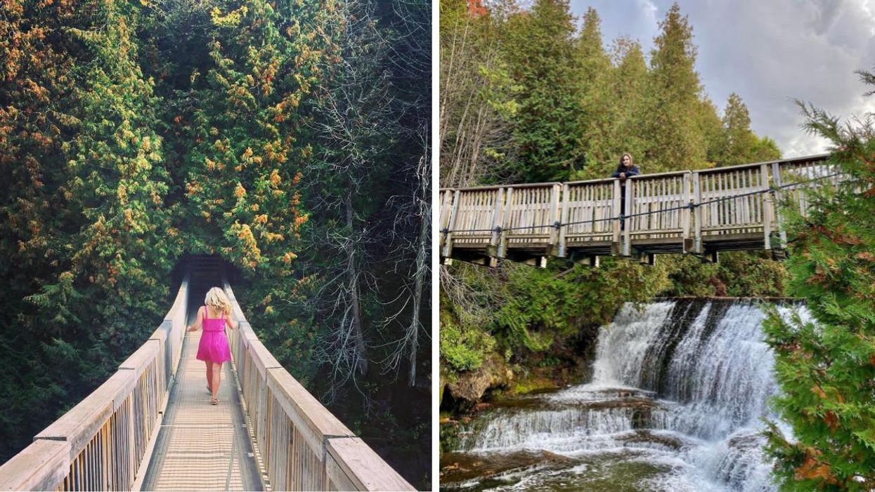 Woman walking across a bridge. Right: Woman standing on a bridge by a waterfall.